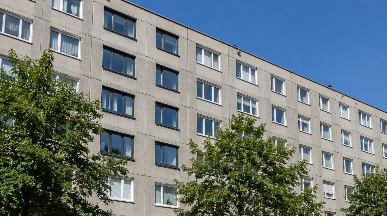 Panelház homlokzata új antracitszürke ablakokkal